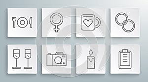 Set line Glass of champagne, Female gender symbol, Photo camera, Burning candle, Clipboard with checklist, Coffee cup