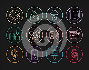 Set line Glass money jar with coin, Safe, Storm, Global economic crisis, Dollar rate decrease, Drop crude oil price and