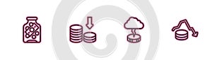 Set line Glass money jar with coin, Storm, Dollar rate decrease and icon. Vector