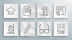 Set line Glass test tube flask on fire, Exam sheet and pencil with eraser, Marker, Glasses, Book, Certificate template