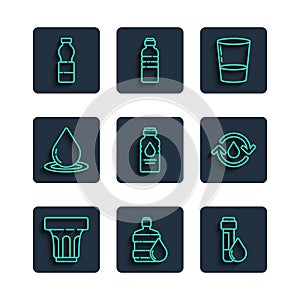 Set line Glass with water, Big bottle clean, Test tube drop, Bottle of, Water, and Recycle aqua icon. Vector