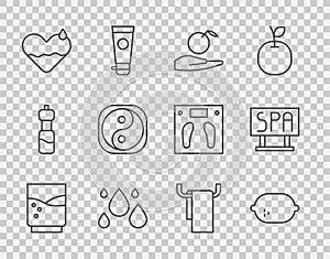 Set line Glass with water, Lemon, Apple in hand, Water drop, Heart heal, Yin Yang, Towel hanger and Spa salon signboard