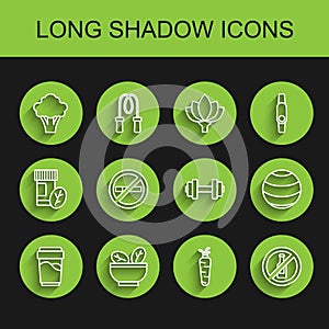 Set line Glass with water, Salad in bowl, Broccoli, Carrot, No alcohol, Smoking, Fitness ball and Dumbbell icon. Vector