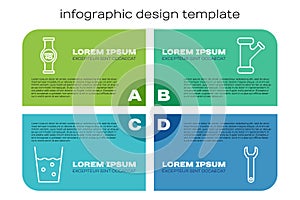 Set line Glass with water, Water meter, Wrench spanner and Industry metallic pipe. Business infographic template. Vector