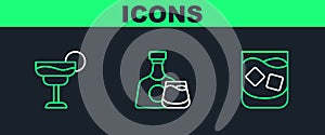 Set line Glass of whiskey, Cocktail and Whiskey bottle and glass icon. Vector