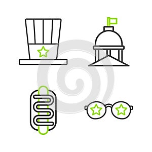 Set line Glasses with stars, Hotdog sandwich, White House and Patriotic American top hat icon. Vector