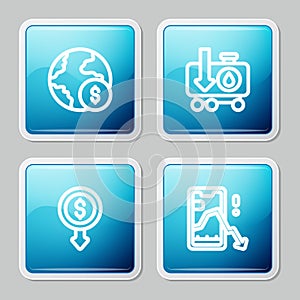 Set line Global economic crisis, Drop in crude oil price, Dollar rate decrease and Mobile stock trading icon. Vector