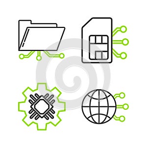 Set line Global technology or social network, Processor, Sim card and Folder and lock icon. Vector