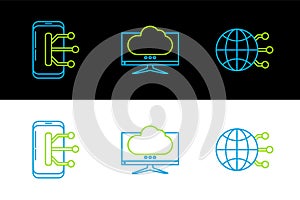 Set line Global technology or social network, Smartphone, mobile phone and Computer monitor screen icon. Vector