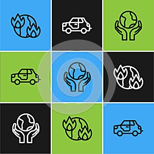 Set line Global warming fire, Hands holding Earth globe and Car icon. Vector