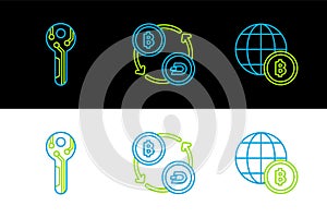 Set line Globe and cryptocurrency coin Bitcoin, Cryptocurrency key and exchange icon. Vector