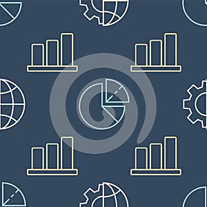 Set line Globe of the Earth and gear, Pie chart infographic and Pie chart infographic on seamless pattern. Vector