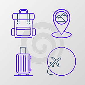Set line Globe with flying plane, Suitcase for travel, Map pointer mountain and Hiking backpack icon. Vector