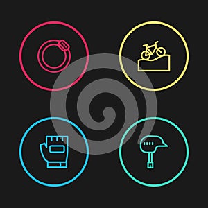 Set line Gloves, Bicycle helmet, Mountain bicycle and brake disc icon. Vector