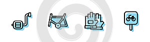 Set line Gloves, Bicycle pedal, frame and parking icon. Vector