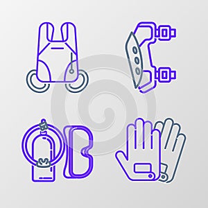 Set line Gloves, Diving mask and aqualung, Knee pads and Parachute icon. Vector