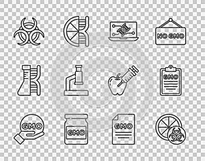 Set line GMO, Genetically modified orange, engineering modification, Biohazard symbol, Microscope, and icon. Vector