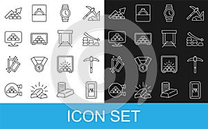 Set line Gold bars 24k, Pickaxe, Falling arrow with gold, Wrist watch, Safe, Growth and mine icon. Vector