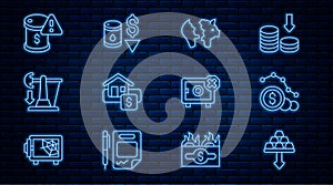 Set line Gold bars, Dollar rate decrease, Broken piggy bank, Hanging sign with Sale, Drop crude oil price, Safe and icon