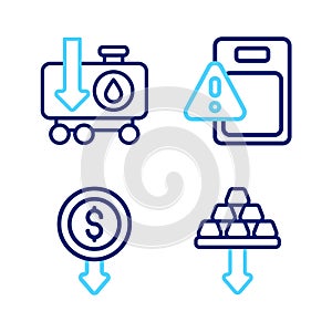 Set line Gold bars, Dollar rate decrease, Global economic crisis and Drop in crude oil price icon. Vector