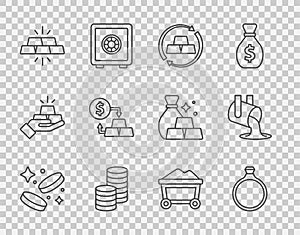 Set line Gold coin money, ring, exchange, bars, Mine cart with gold and Molten being poured icon. Vector