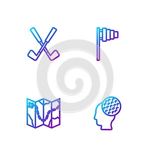 Set line Golf ball, course layout, Crossed golf club and flag. Gradient color icons. Vector