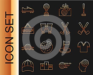 Set line Golf ball, shirt, Crossed golf club, in water, Binoculars, label, shoe and icon. Vector