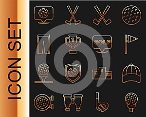 Set line Golf ball on tee, Baseball cap, flag, Crossed golf club, Award cup with, pants, label and icon. Vector