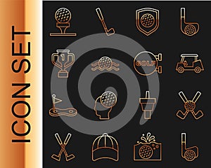 Set line Golf club with ball, Crossed golf, car, shield, in water, Award cup, on tee and sport icon. Vector