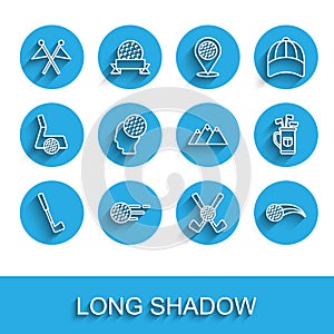 Set line Golf club, ball, flag, Crossed golf with, bag clubs and Mountains icon. Vector