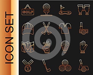 Set line Golf club with ball, glove, hole flag, Crossed golf, Baseball cap, label and shirt icon. Vector