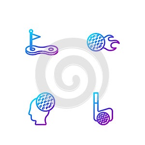 Set line Golf club with ball, , hole flag and . Gradient color icons. Vector