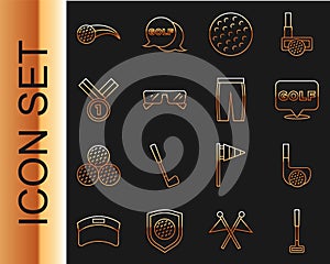 Set line Golf club, with ball, label, Glasses, Medal golf, and pants icon. Vector