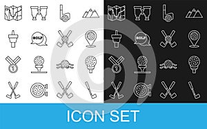 Set line Golf club, ball on tee, Location golf sport, with, label, course layout and Crossed icon. Vector