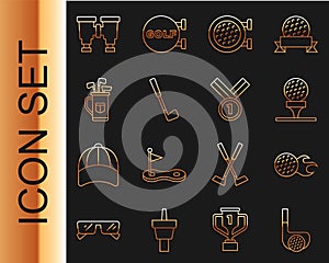 Set line Golf club with ball, on tee, sport, bag clubs, Binoculars and Medal golf icon. Vector