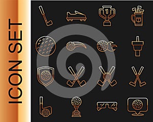 Set line Golf label, Crossed golf club, tee, Award cup with, ball, and icon. Vector