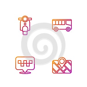 Set line Gps device with map, Location taxi, Scooter and Bus. Gradient color icons. Vector