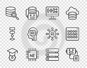 Set line Graduation cap, Artificial intelligence robot, Algorithm, Processor CPU, Server, Humanoid, Data and Binary code