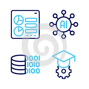 Set line Graduation cap, Binary code, Neural network and Computer api interface icon. Vector