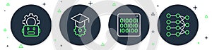 Set line Graduation cap, Binary code, Robot setting and Neural network icon. Vector