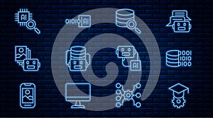 Set line Graduation cap, Binary code, Server, Artificial intelligence robot, Processor CPU, and icon. Vector