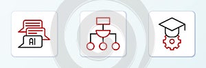 Set line Graduation cap, Chat bot and Algorithm icon. Vector