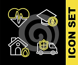 Set line Graduation cap and coin, Car with shield, Fire burning house and Health insurance icon. Vector