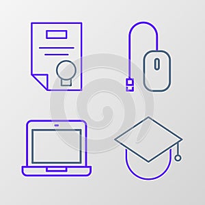 Set line Graduation cap on globe, Laptop, Computer mouse and Certificate template icon. Vector