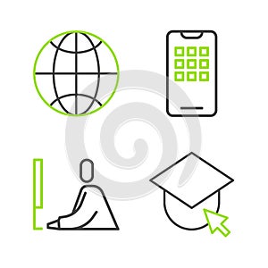 Set line Graduation cap on globe, Student working laptop, Mobile phone and Social network icon. Vector