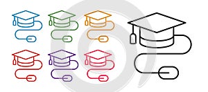Set line Graduation cap with mouse icon isolated on white background. World education symbol. Online learning or e