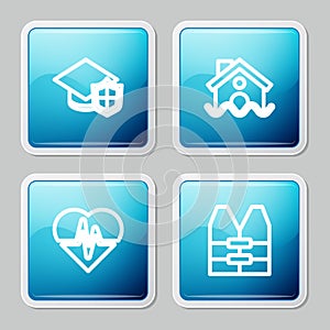 Set line Graduation cap with shield, House flood, Health insurance and Life jacket icon. Vector