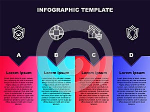 Set line Graduation cap with shield, Lifebuoy, House and insurance. Business infographic template. Vector