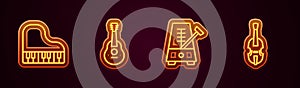 Set line Grand piano, Guitar, Metronome with pendulum and Violin. Glowing neon icon. Vector