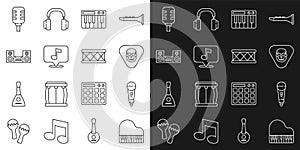 Set line Grand piano, Microphone, Guitar pick, Music synthesizer, Musical note, Home stereo, and Drum icon. Vector